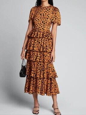 RHODE XS Cheeta  Animal Print Tiered Ruffle Midi Dress Puff Sleeve